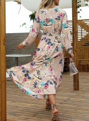 Khaki Floral Print V Neck Long Sleeve A-line Vocation Maxi Dress With Belt