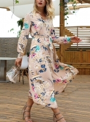 Khaki Floral Print V Neck Long Sleeve A-line Vocation Maxi Dress With Belt