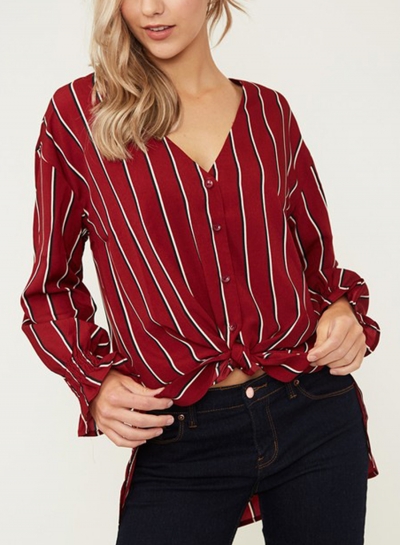 Red Chiffon Striped V Neck Long Sleeve High Low Loose Button Down Shirt YOUYOUFASHIONEC.com