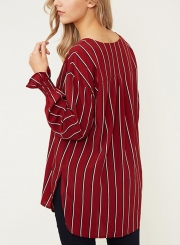 Red Chiffon Striped V Neck Long Sleeve High Low Loose Button Down Shirt