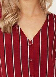 Red Chiffon Striped V Neck Long Sleeve High Low Loose Button Down Shirt