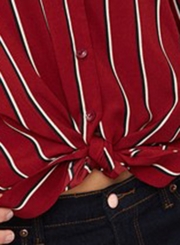 Red Chiffon Striped V Neck Long Sleeve High Low Loose Button Down Shirt