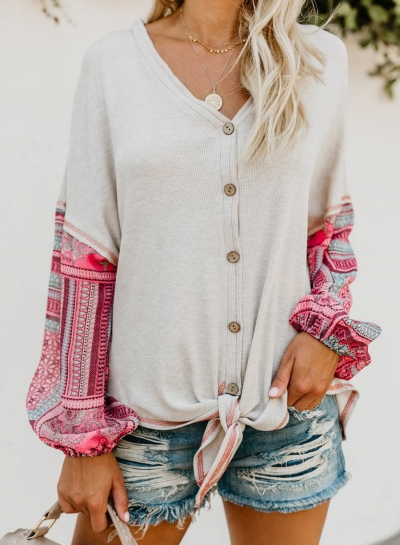 White Chiffon Printed V Neck Long Sleeve Knot Loose Button Down Knit Shirt YOUYOUFASHIONEC.com