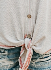 White Chiffon Printed V Neck Long Sleeve Knot Loose Button Down Knit Shirt
