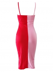 Red Sexy Spaghetti Strap V Neck Backless Color Block Slit Mini Dress