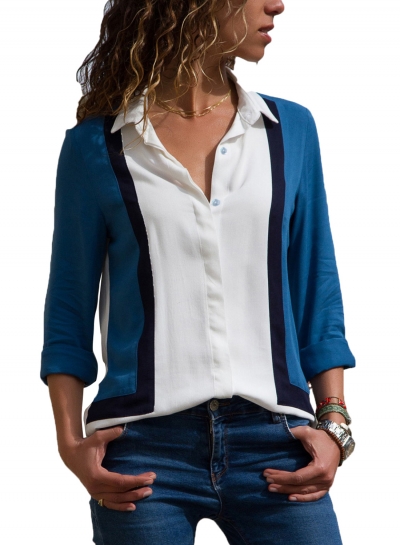 White Women's Striped Long Sleeve Turn-Down Collar Loose Button Down Shirt