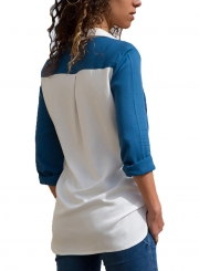 White Women's Striped Long Sleeve Turn-Down Collar Loose Button Down Shirt