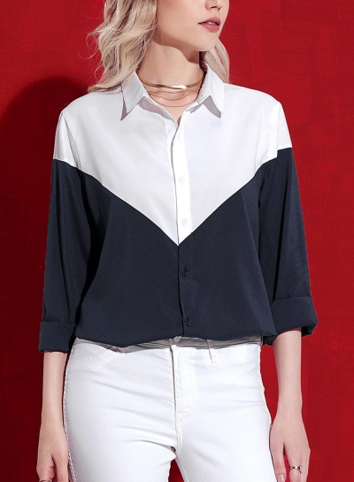 White&navy Women's Striped Long Sleeve Turn-Down Collar Button Down Shirt STYLESIMO.com