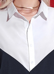 White&navy Women's Striped Long Sleeve Turn-Down Collar Button Down Shirt