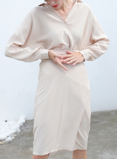 Pink V Neck Long Sleeve Waist Tie Slim Solid Color Midi Dress YOUYOUFASHIONEC.com