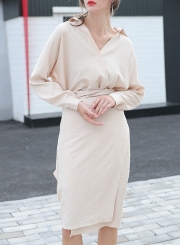 Pink V Neck Long Sleeve Waist Tie Slim Solid Color Midi Dress