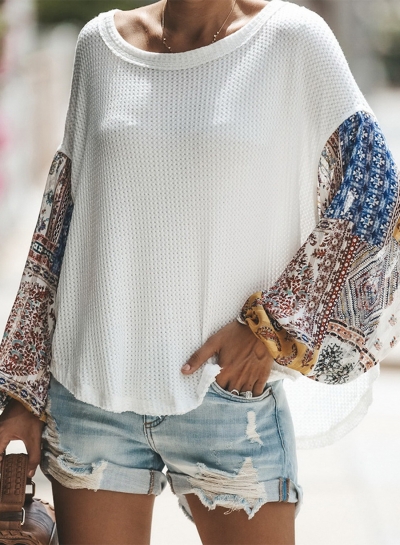 Printed Round Neck Lantern Sleeve Loose Hollow Out Blouse