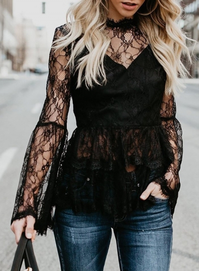 Round Neck Flare Sleeve Back Zip Loose Lace Blouse YOUYOUFASHIONEC.com