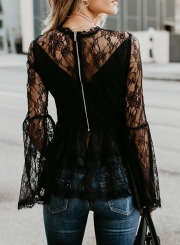 Round Neck Flare Sleeve Back Zip Loose Lace Blouse