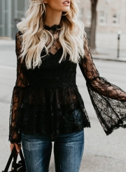 Round Neck Flare Sleeve Back Zip Loose Lace Blouse