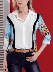 Mutil Women's Floral Print Long Sleeve Turn-Down Collar Loose Button Down Shirt