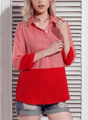 Red Women's Striped Long Sleeve Turn-Down Collar Button Down Shirt