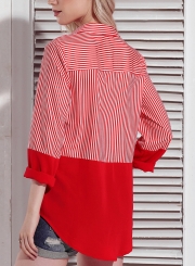 Red Women's Striped Long Sleeve Turn-Down Collar Button Down Shirt