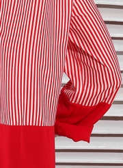 Red Women's Striped Long Sleeve Turn-Down Collar Button Down Shirt