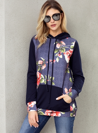 Navy Casual Floral Print Long Sleeve Color Block Loose Hoodie With Pocket YOUYOUFASHIONEC.com