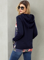 Navy Casual Floral Print Long Sleeve Color Block Loose Hoodie With Pocket