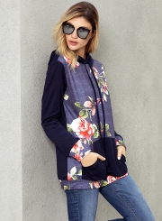 Navy Casual Floral Print Long Sleeve Color Block Loose Hoodie With Pocket