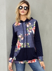 Navy Casual Floral Print Long Sleeve Color Block Loose Hoodie With Pocket