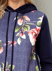 Navy Casual Floral Print Long Sleeve Color Block Loose Hoodie With Pocket