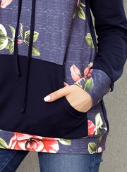 Navy Casual Floral Print Long Sleeve Color Block Loose Hoodie With Pocket