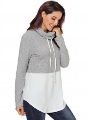 White Women's High Neck Long Sleeve Color Block Loose Pullover Sweatshirt