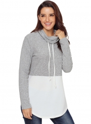 White Women's High Neck Long Sleeve Color Block Loose Pullover Sweatshirt