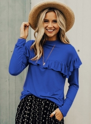 Blue Women's Round Neck Long Sleeve Slim Solid Color Ruffle Pullover Tee