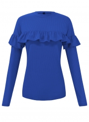 Blue Women's Round Neck Long Sleeve Slim Solid Color Ruffle Pullover Tee