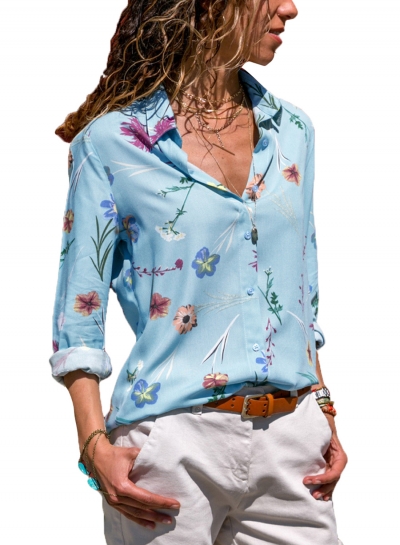 Light Blue Women's Floral Print Long Sleeve Turn-Down Collar Loose Button Down Shirt YOUYOUFASHIONEC.com