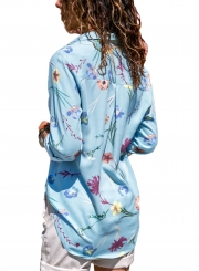 Light Blue Women's Floral Print Long Sleeve Turn-Down Collar Loose Button Down Shirt