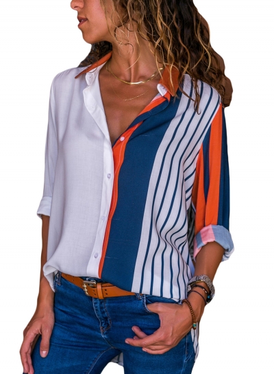 Orange Women's Striped Long Sleeve Turn-Down Collar Loose Button Down Shirt