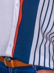 Orange Women's Striped Long Sleeve Turn-Down Collar Loose Button Down Shirt