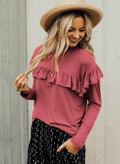 Pink Women's Round Neck Long Sleeve Slim Solid Color Ruffle Pullover Tee YOUYOUFASHIONEC.com