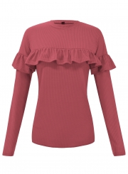 Pink Women's Round Neck Long Sleeve Slim Solid Color Ruffle Pullover Tee