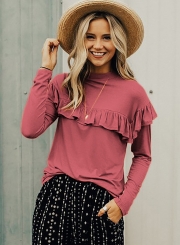 Pink Women's Round Neck Long Sleeve Slim Solid Color Ruffle Pullover Tee