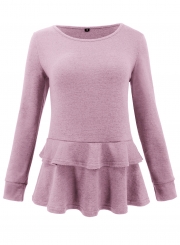 Pink Long Sleeve Round Neck Ruffle Hem Loose Solid Color Knitwear