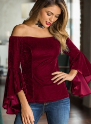 Burgundy Women's Off Shoulder Flare Sleeve Slim Solid Color Pullover Blouse