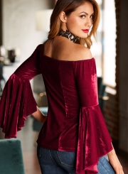 Burgundy Women's Off Shoulder Flare Sleeve Slim Solid Color Pullover Blouse