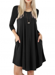 Round Neck Long Sleeves A-line Casual Dress With Pocket