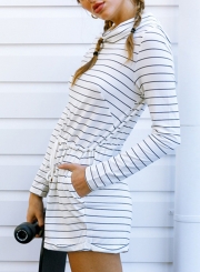 Casual Striped High Neck Long Sleeve High Waist Drawstring Romper