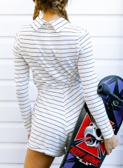 Casual Striped High Neck Long Sleeve High Waist Drawstring Romper