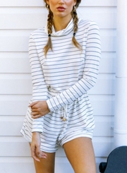 Casual Striped High Neck Long Sleeve High Waist Drawstring Romper