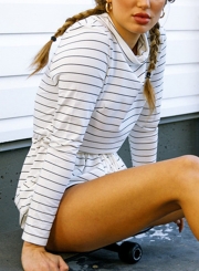 Casual Striped High Neck Long Sleeve High Waist Drawstring Romper