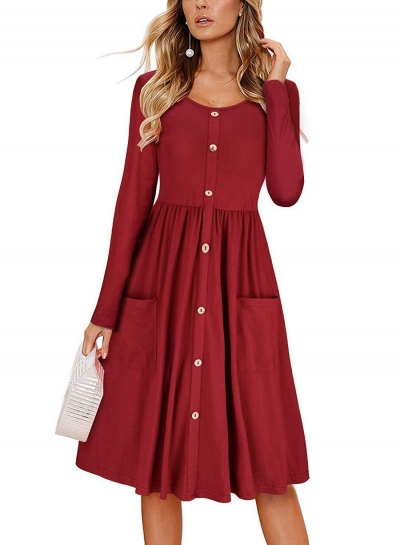 Long Sleeve Casual Button Down Loose Swing Dress With Pockets YOUYOUFASHIONEC.com