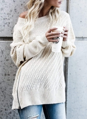 Round Neck Long Sleeve Loose Side Zip Hollow Out Solid Color Sweater